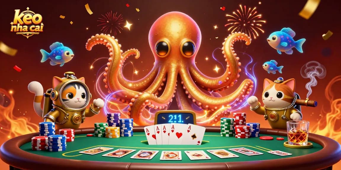 Engage in thrilling keo nha cai action with a kraken, diving cat, and poker elements.