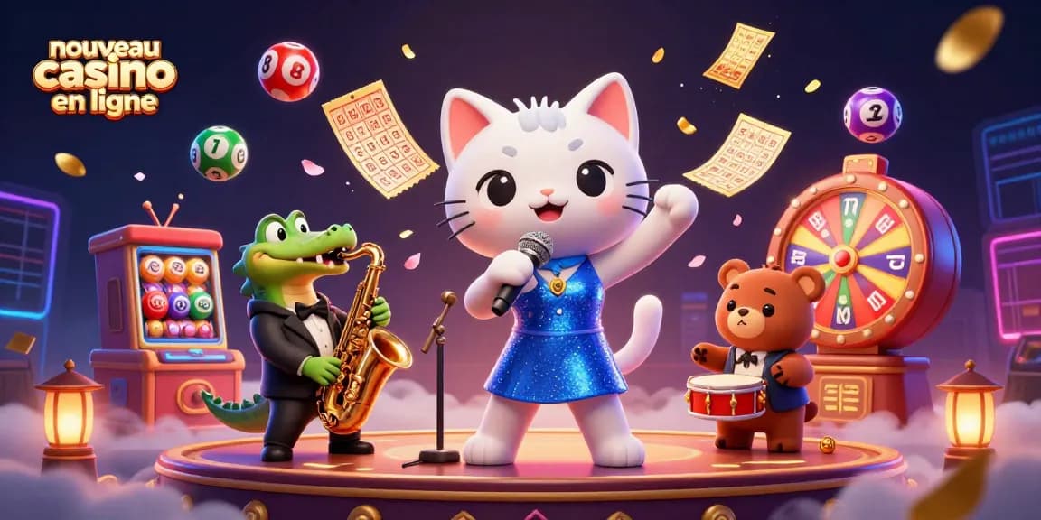 Nouveau casino en ligne avec des personnages colorés sur scène, animés par des éléments de jackpot