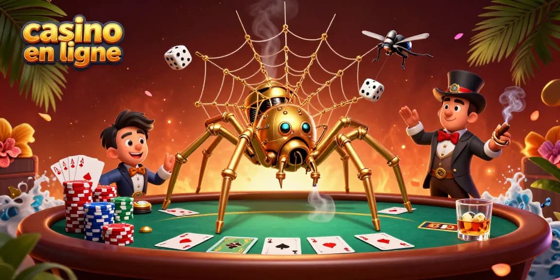Profitez d'une expérience de jeu palpitante au casino en ligne avec une araignée dorée steampunk et des jetons de poker.