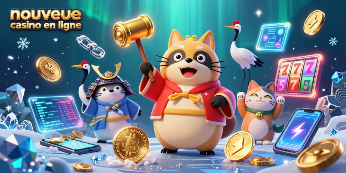 Illustration dynamique de nouveau casino en ligne, mettant en vedette un tanuki et des chats porte-bonheur au milieu de réels de machines à sous.
