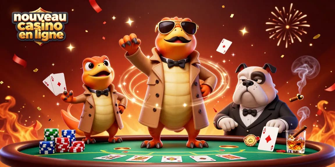 Initiez-vous au nouveau casino en ligne avec des raptors en trench coat à la porte d'un casino VIP.