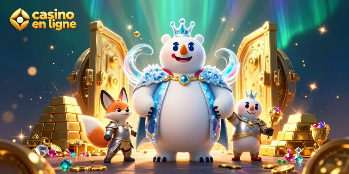 Vivez l'excitation d'un casino en ligne avec un ours polaire royal et un renard en armure, entourés de richesses.