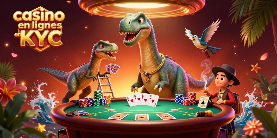 Illustration dynamique d'un casino en ligne sans KYC, avec un brontosaure et un raptor distribuant des cartes.