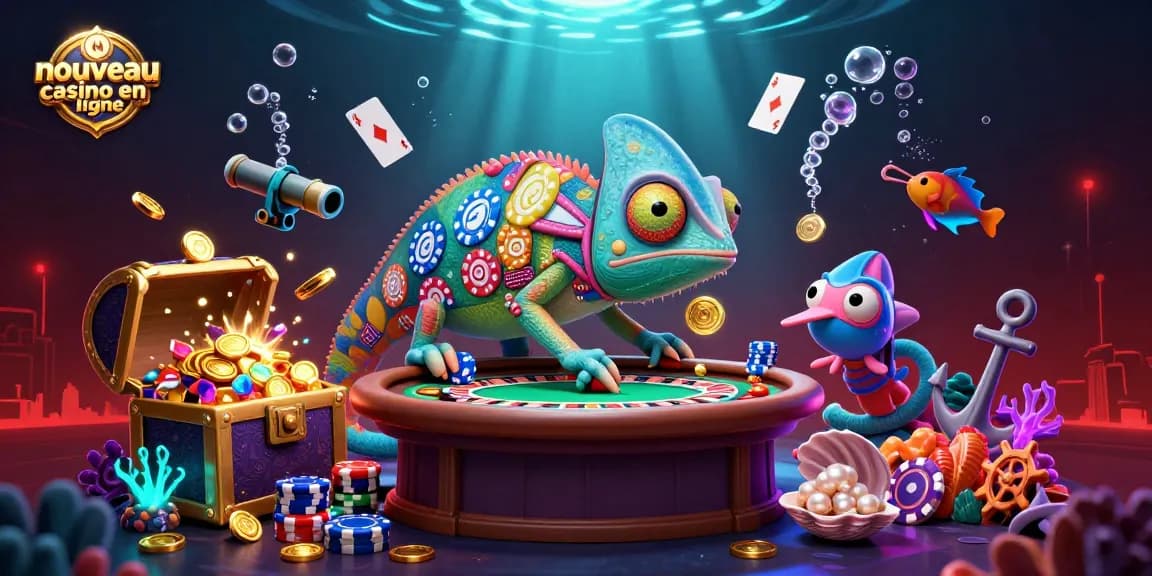 Illustration 3D d'un nouveau casino en ligne avec un caméléon animateur et des éléments sous-marins animés.