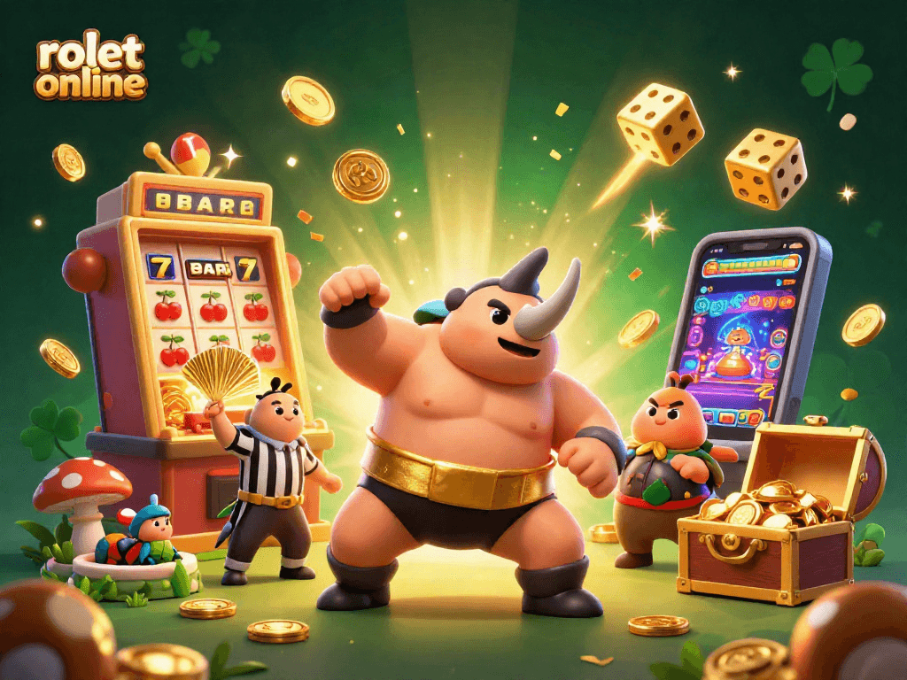 Experience the thrill of rolet online with a colorful 3D casino scene featuring a beetle sumo champion.
