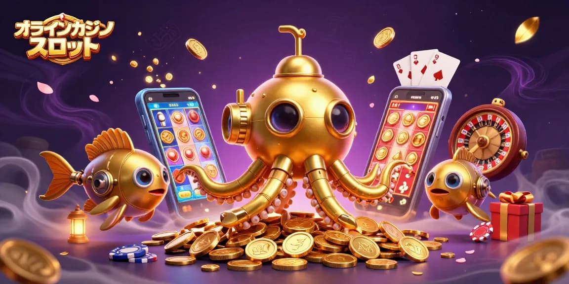 オンラインカジノ スロットのための黄金のクラーケンが登場するスロットゲームシーン