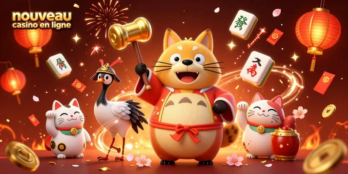 Illustration 3D colorée de tanuki, chats maneki-neko et éléments de casino, idéal pour un nouveau casino en ligne.