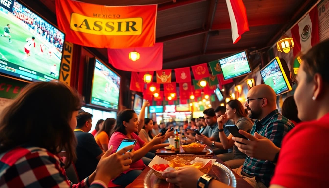 Engaging in sports betting in Mexico at a vibrant sports bar with fans enjoying the matches.