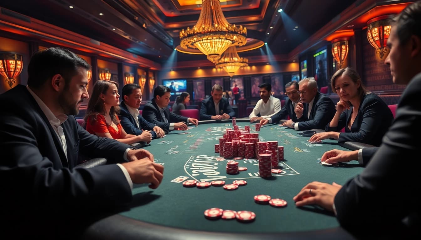 Menampilkan suasana bermain di casino taiwannow.org/tw/about dengan pemain yang antusias dan meja penuh warna.