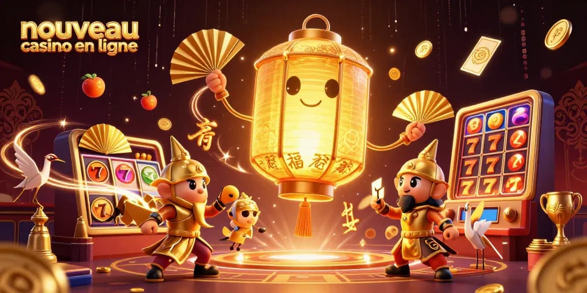 Illustration d'un nouveau casino en ligne, avec un esprit lantern lumineux et des guerriers en papier pour la chance.