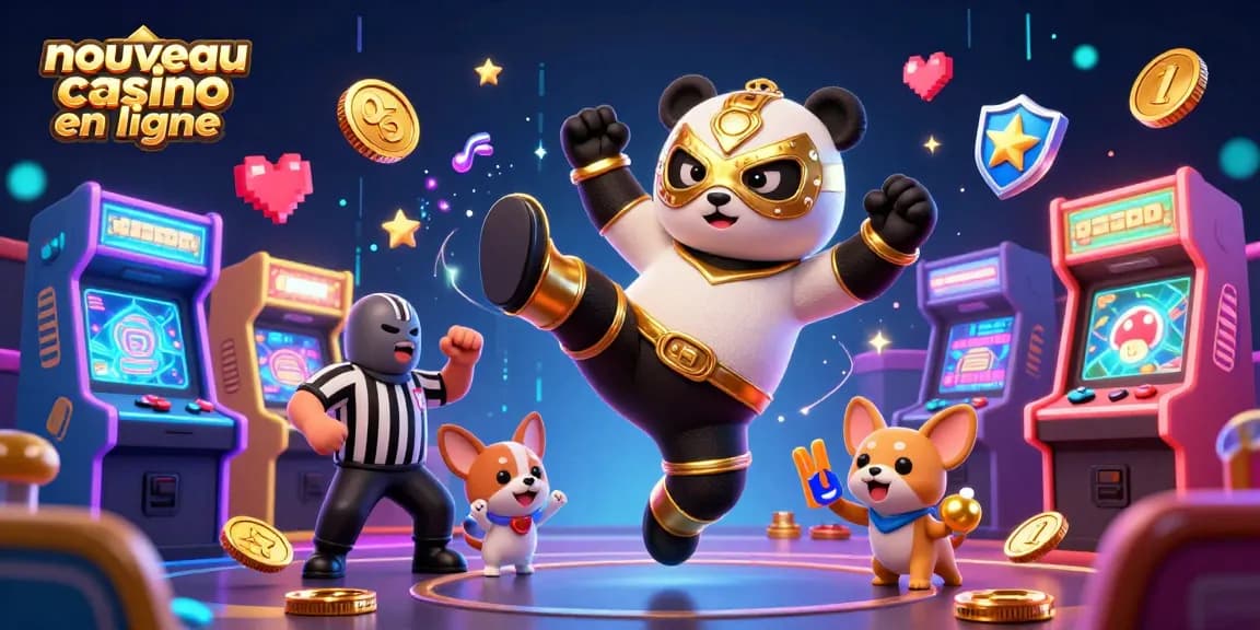 Scène dynamique de "nouveau casino en ligne" avec un panda lutteur et un chihuahua arbitre, entourés de jeux colorés.