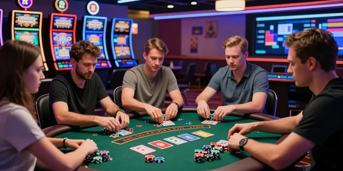 Exciting atmosphere of credit card casinos UK with players enjoying blackjack, vibrant slot machines, and live dealer games.