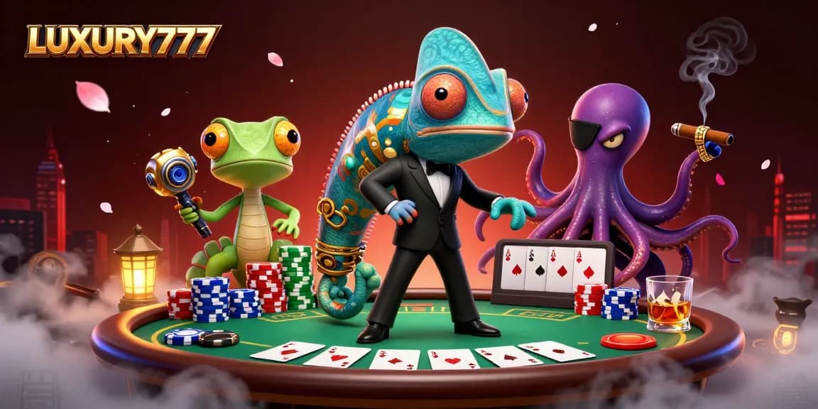 Permainan kartu seru di kasino dengan LUXURY777, chameleon agen rahasia dan gecko jenius teknologi.
