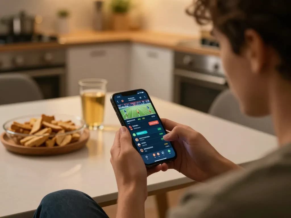 Siti scommesse stranieri: sports betting on a smartphone at a cozy kitchen table with drinks and snacks