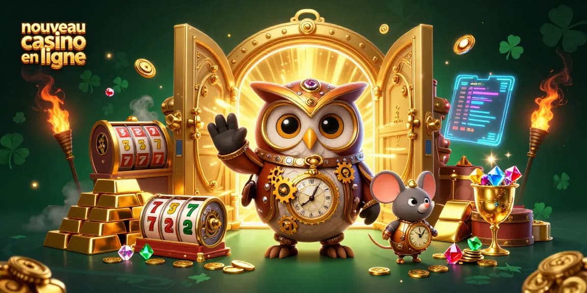 Visualisez un nouveau casino en ligne avec une scène captivante d'éléments de jeu et personnages festifs.