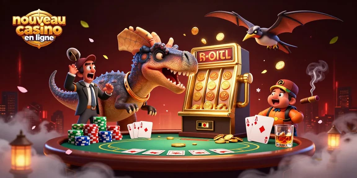 Le nouveau casino en ligne : illustration d'un dinosaure gagnant des jackpots avec un gestionnaire paniqué et des pièces dorées volantes.