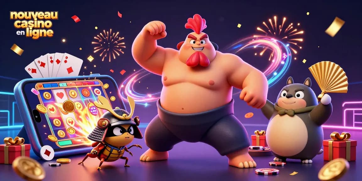 Illustration d'un nouveau casino en ligne, avec des personnages de jeu dans un décor festif.