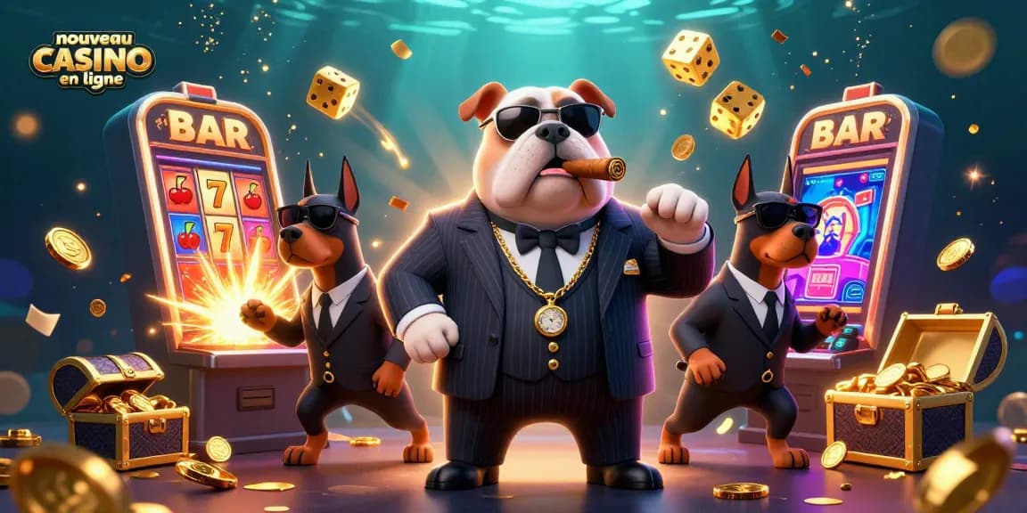 Un casino en ligne nouveau avec un bulldog mafieux et des Dobermans entourés de jeux et de trésors.