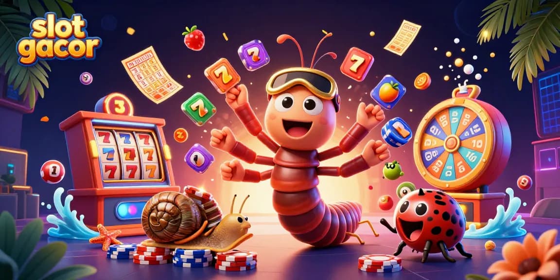 Permainan slot gacor yang menarik dengan dealer kartun asing dan simbol jackpot yang dinamis mengelilinginya.