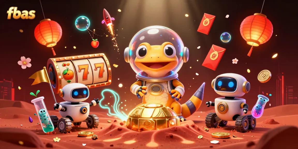 Play at fbas's premier Martian casino, featuring vibrant slot reels and celebratory elements!
