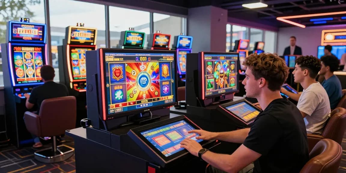Permainan apk slot dengan pemain antusias berinteraksi di lounge modern.