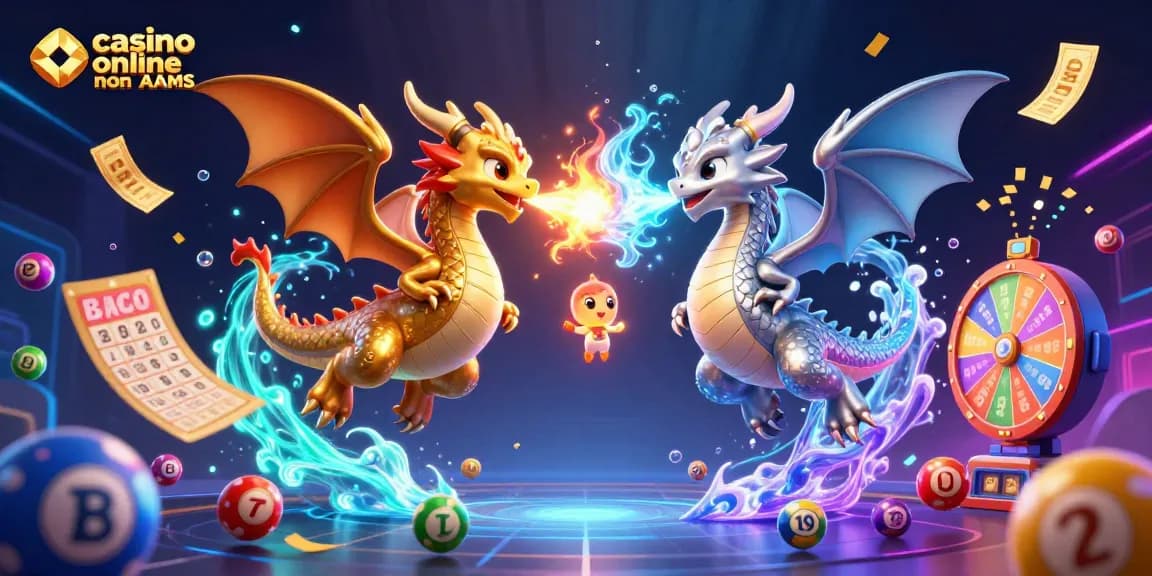 Immagine di un gioco "casino online non AAMS" con draghi e palle della lotteria in un'illustrazione scintillante.