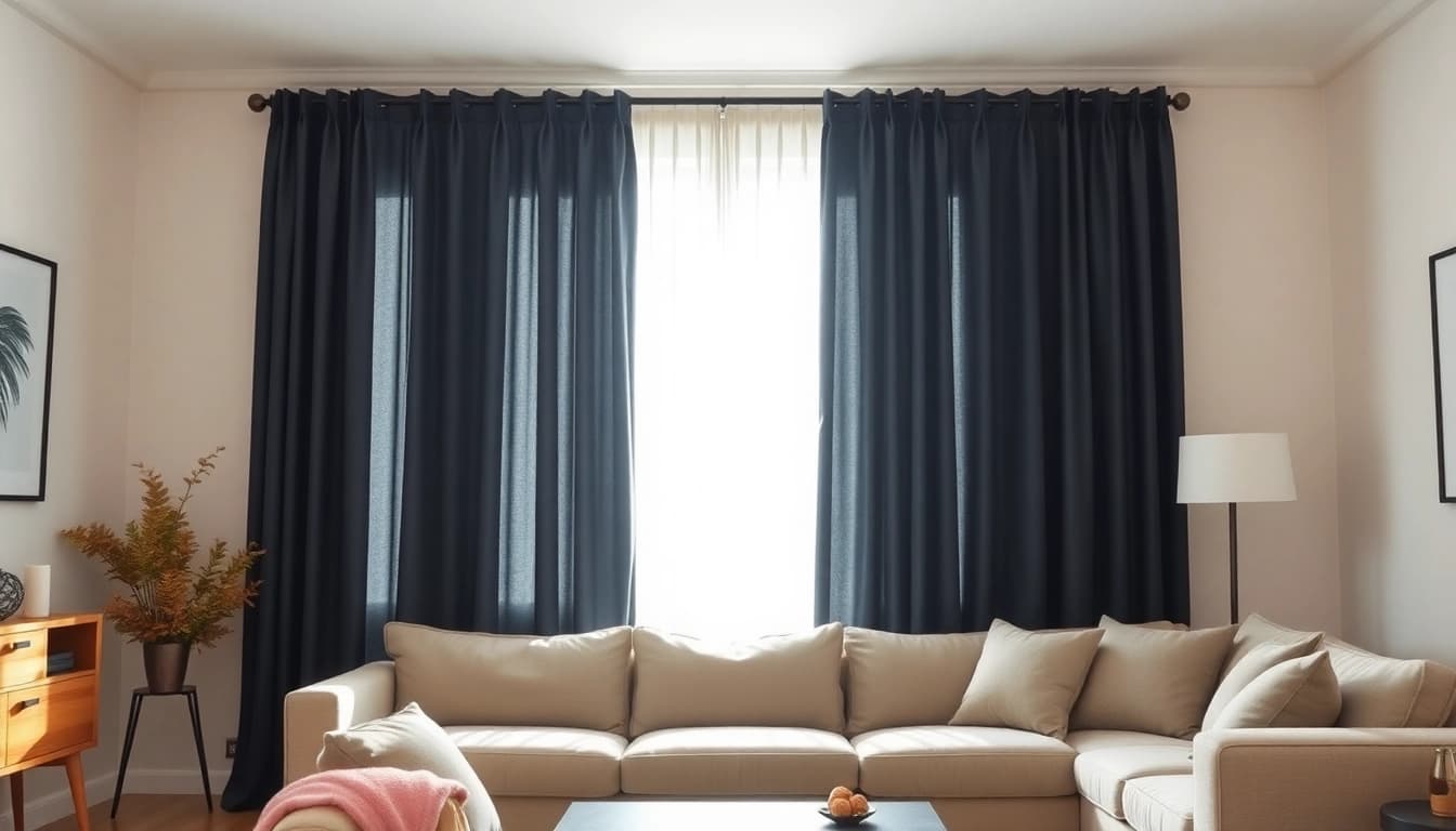 Verduisterende gordijnen die elegant hangen bij een groot raam in een moderne woonkamer.