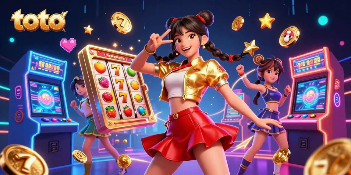 Engage with toto gaming through vibrant slot reels, lucky symbols, and a colorful casino scene.