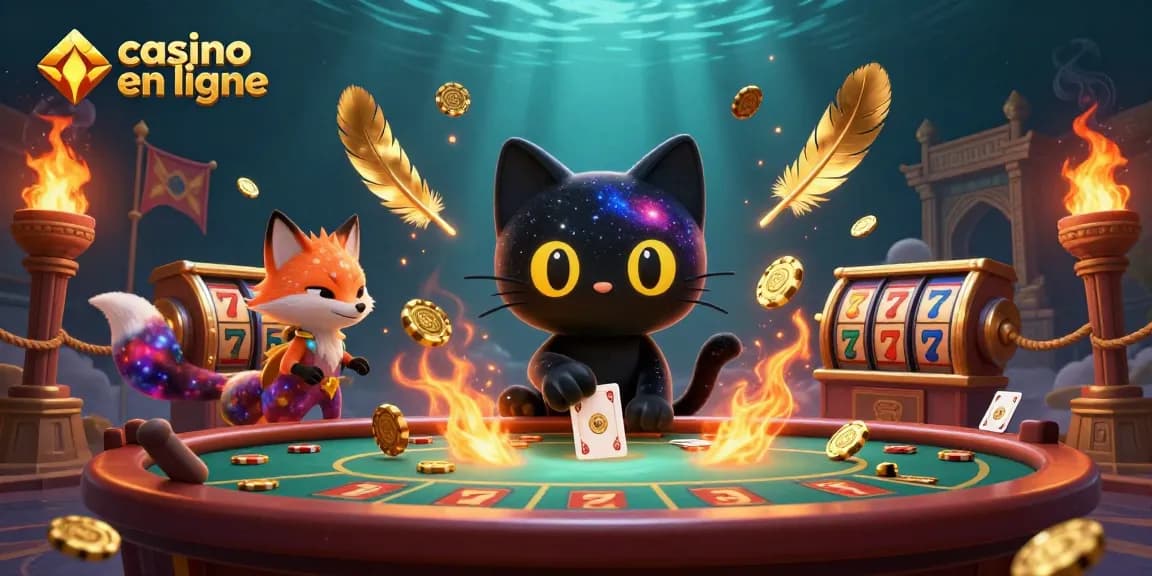 Casino en ligne : chat gravitationnel attirant des jetons d'or et des cartes