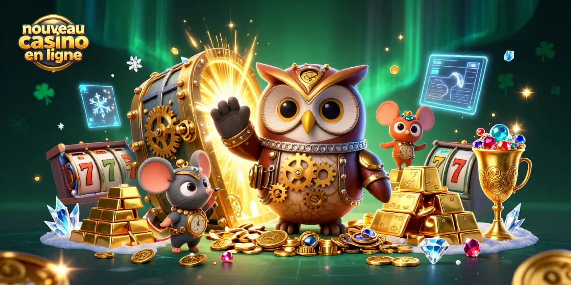 Illustration montrant un hibou voyageur en steampunk et un compagnon souris dans un nouveau casino en ligne avec des éléments de jeu.