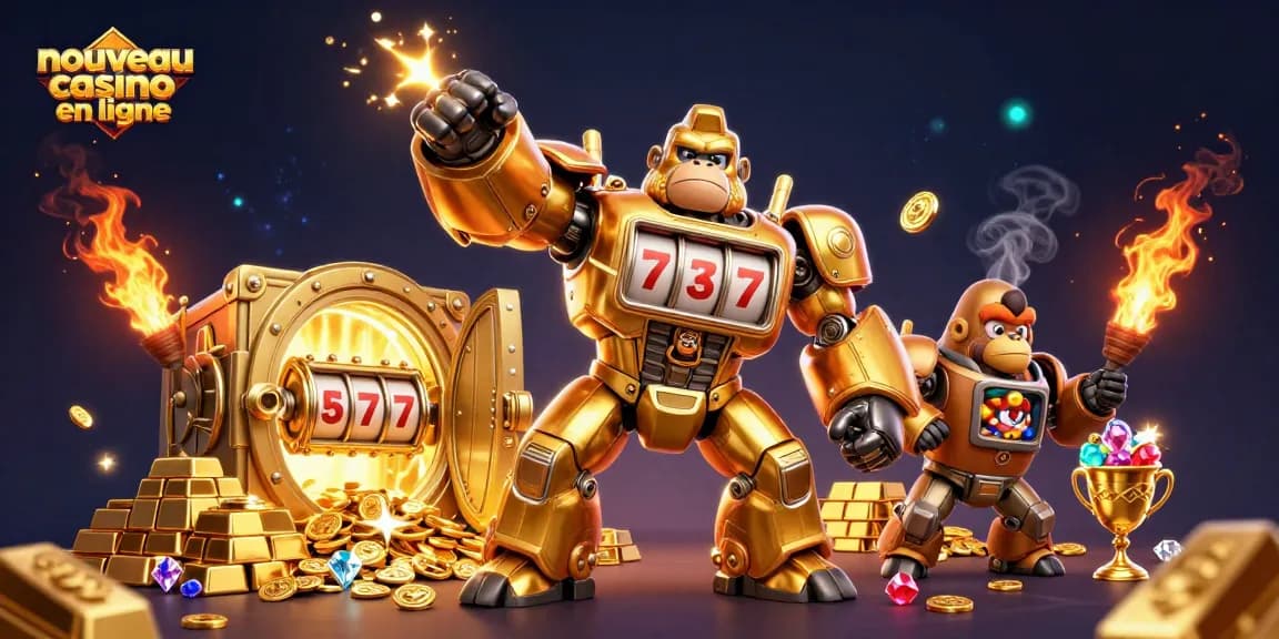 Découvrez l'univers du nouveau casino en ligne avec un robot gorille transformeur et une pluie de pièces.