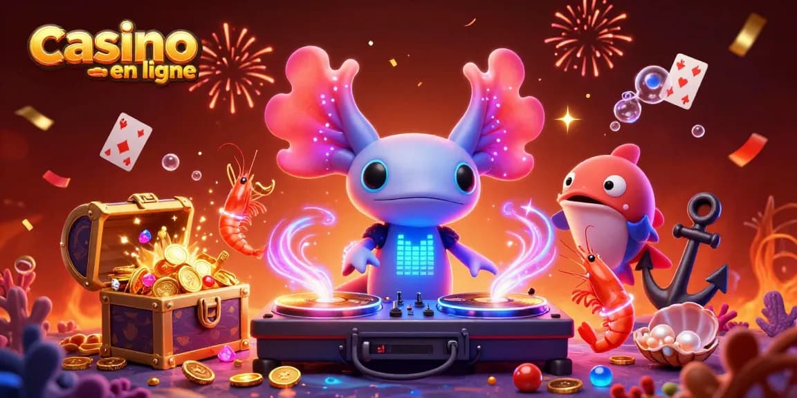 Plongez dans le monde vibrant du casino en ligne avec un DJ axolotl et ses amis dans un décor sous-marin féerique.