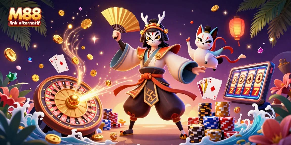 Experience top-tier gameplay with M88 link alternatif showcasing vibrant casino elements and dynamic characters.