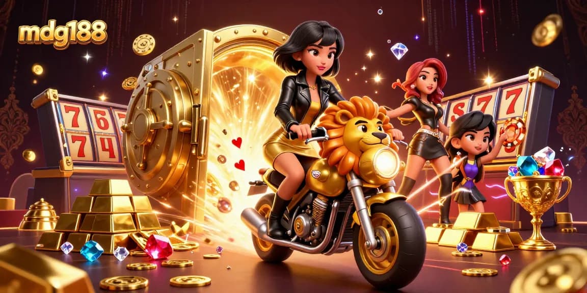 Experience thrilling moments with mdg188 as the glamorous woman rides a golden lion mascot amidst overflowing treasures and slot machines.