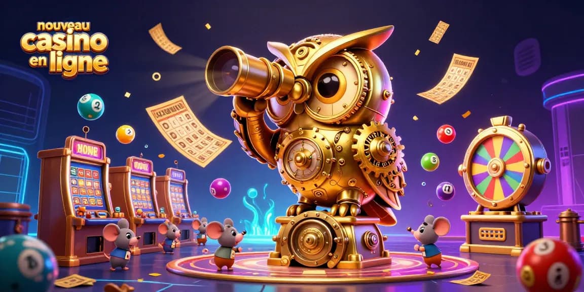 Visualisez un nouveau casino en ligne avec une chouette dorée scrutant le sol d'un casino animé, des éléments de loterie colorés flottant autour.
