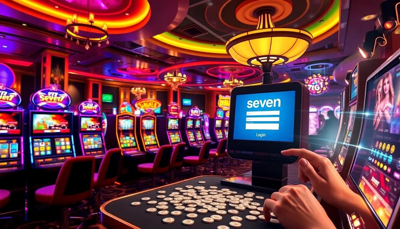 Experience the thrill of seven 77 slot login with vibrant slot machines and excited players in a luxurious casino.