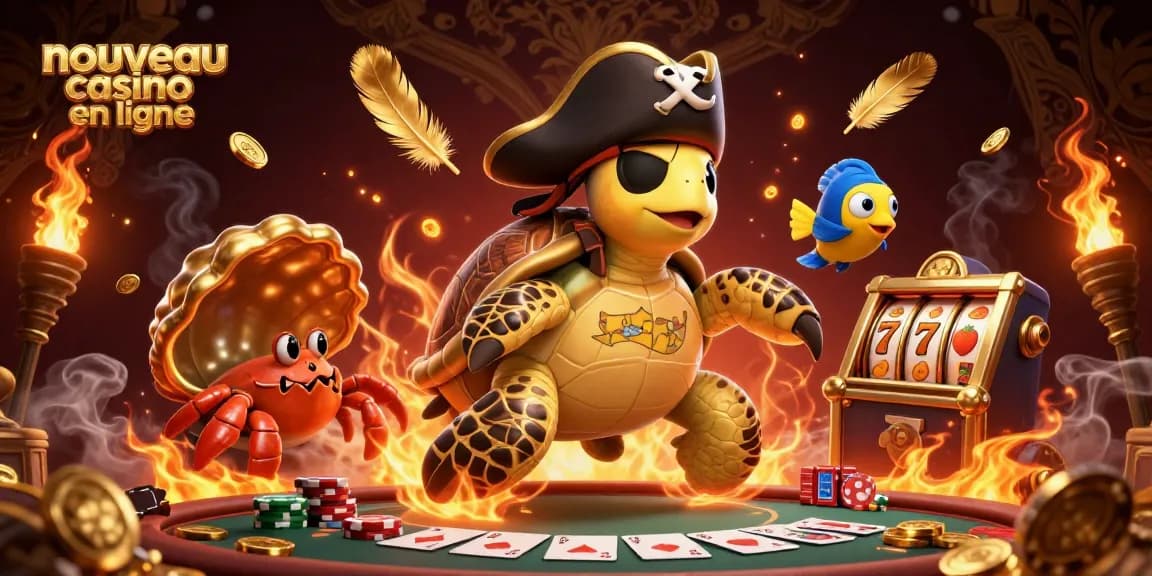 Image d'un nouveau casino en ligne avec une tortue pirate 3D et des éléments de jeu de casino.