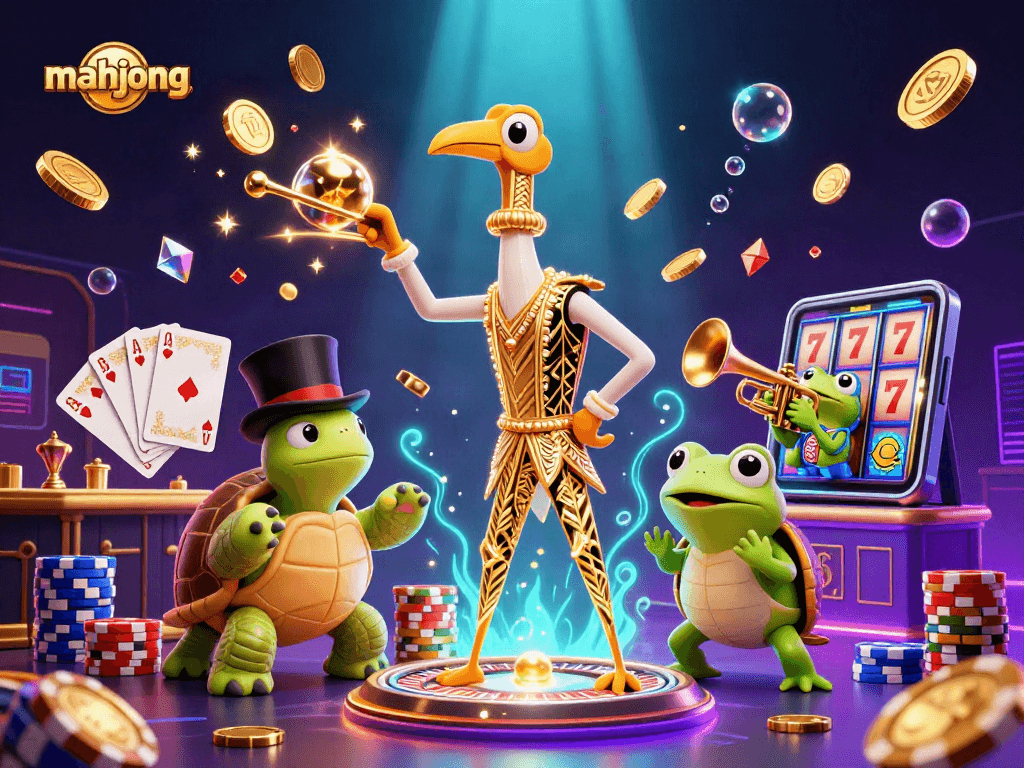 Play mahjong at a vibrant speakeasy with a crane, turtle, and frog making magic happen.
