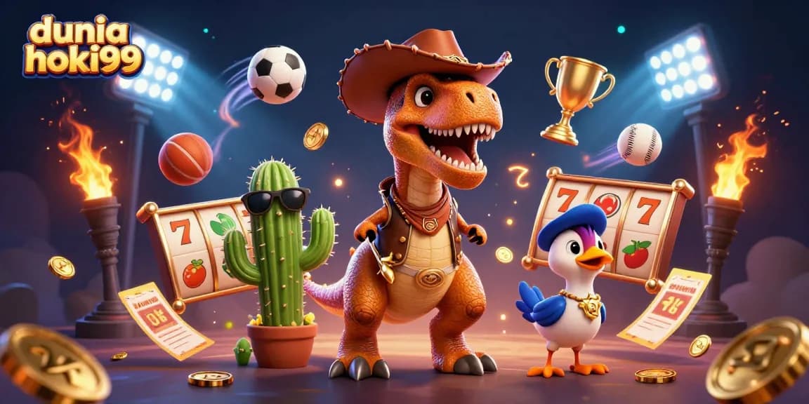 Menggunakan dunia hoki99, dinosaur cowboy 3D beraksi di mesin slot dengan elemen kasino yang penuh semangat.