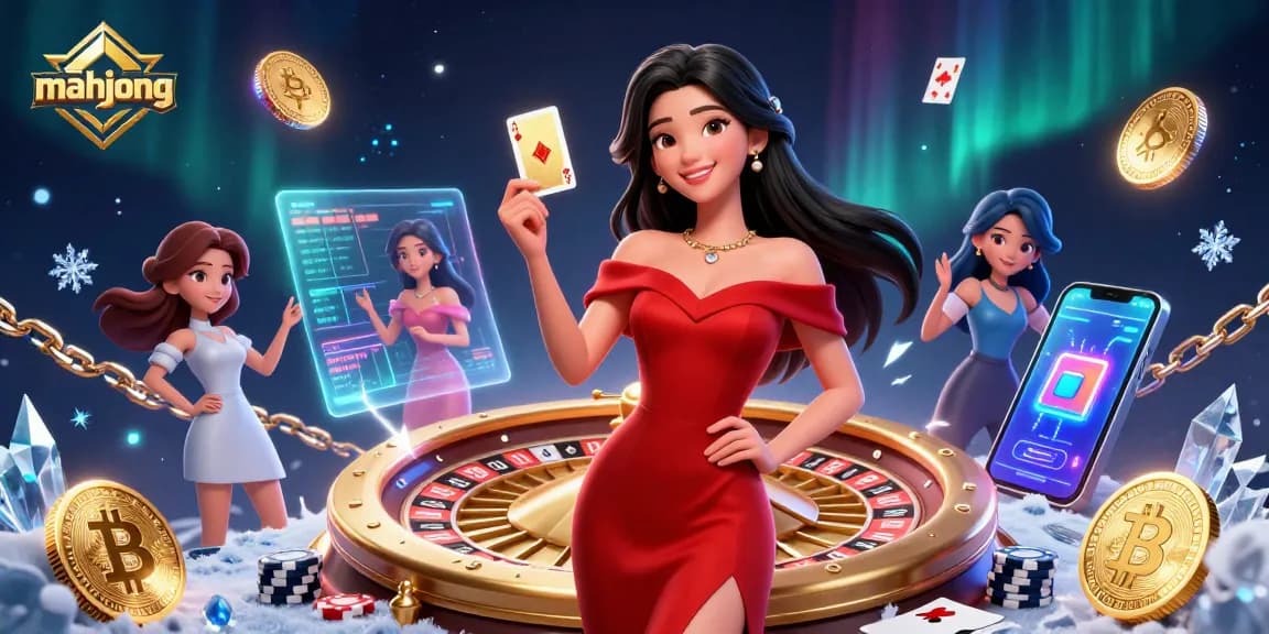 Experience mahjong excitement with a beautiful woman and a vibrant casino setting filled with dynamic elements.
