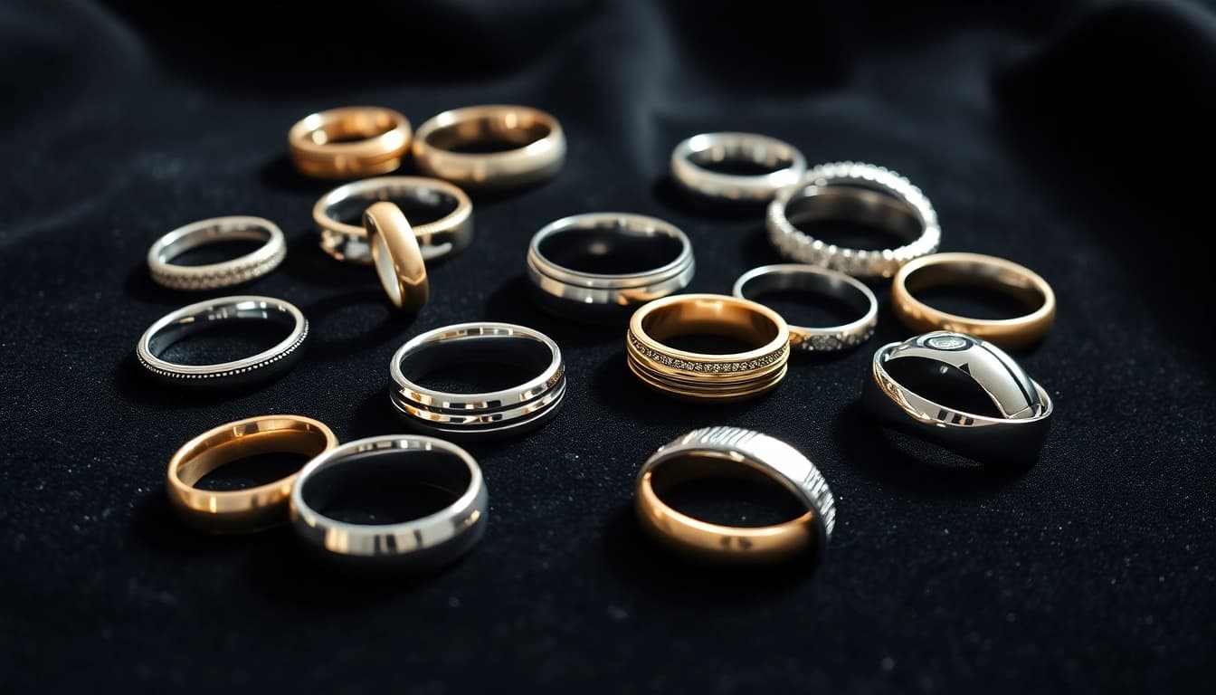 Showcase of mens wedding rings highlighting unique styles and luxurious textures.