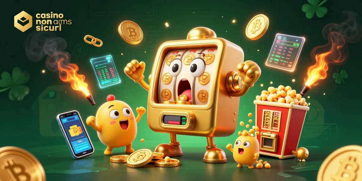 Scopri come vincere ai casino non AAMS sicuri con slot e criptovalute in un'illustrazione divertente.