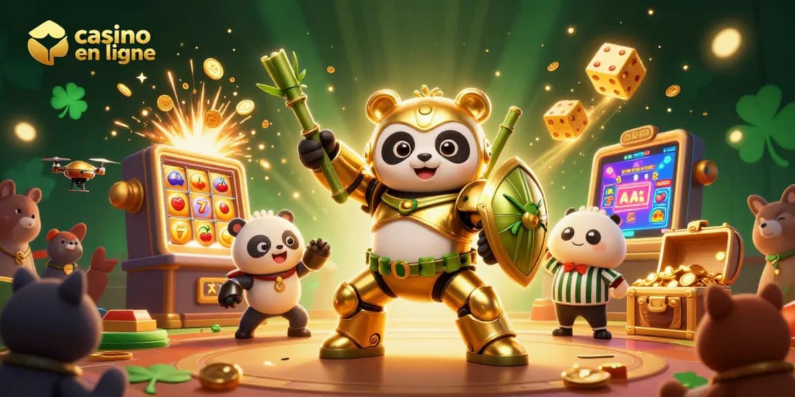 Visuel dynamique d'un casino en ligne avec un panda en armure et une machine à sous éclatante de casino