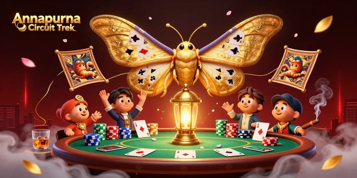 Annapurna Circuit Trek showcases vibrant 3D illustration with mythical characters engaging in dynamic casino activities.