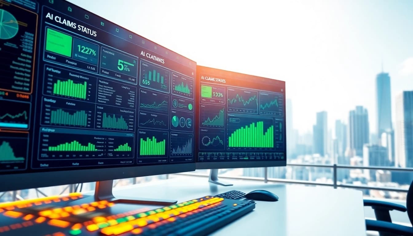 AI claims processing system on a modern workstation with holographic analytics.