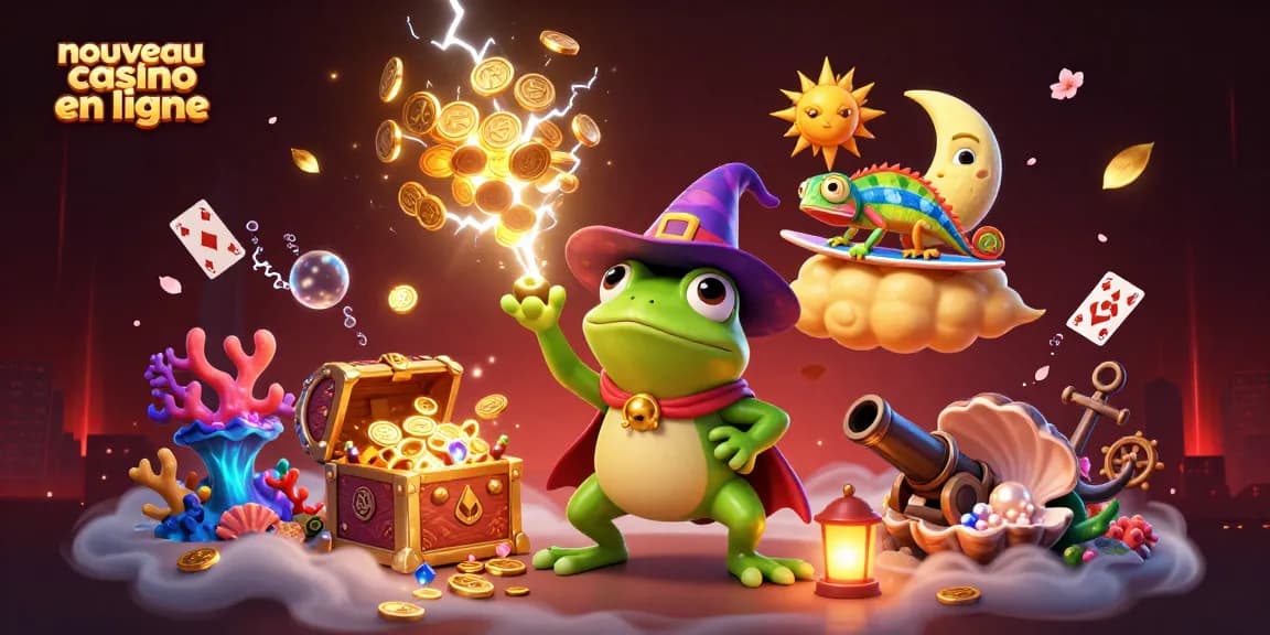 Illustration dynamique représentant un nouveau casino en ligne avec une grenouille sorcière et un caméléon sur un nuage doré.