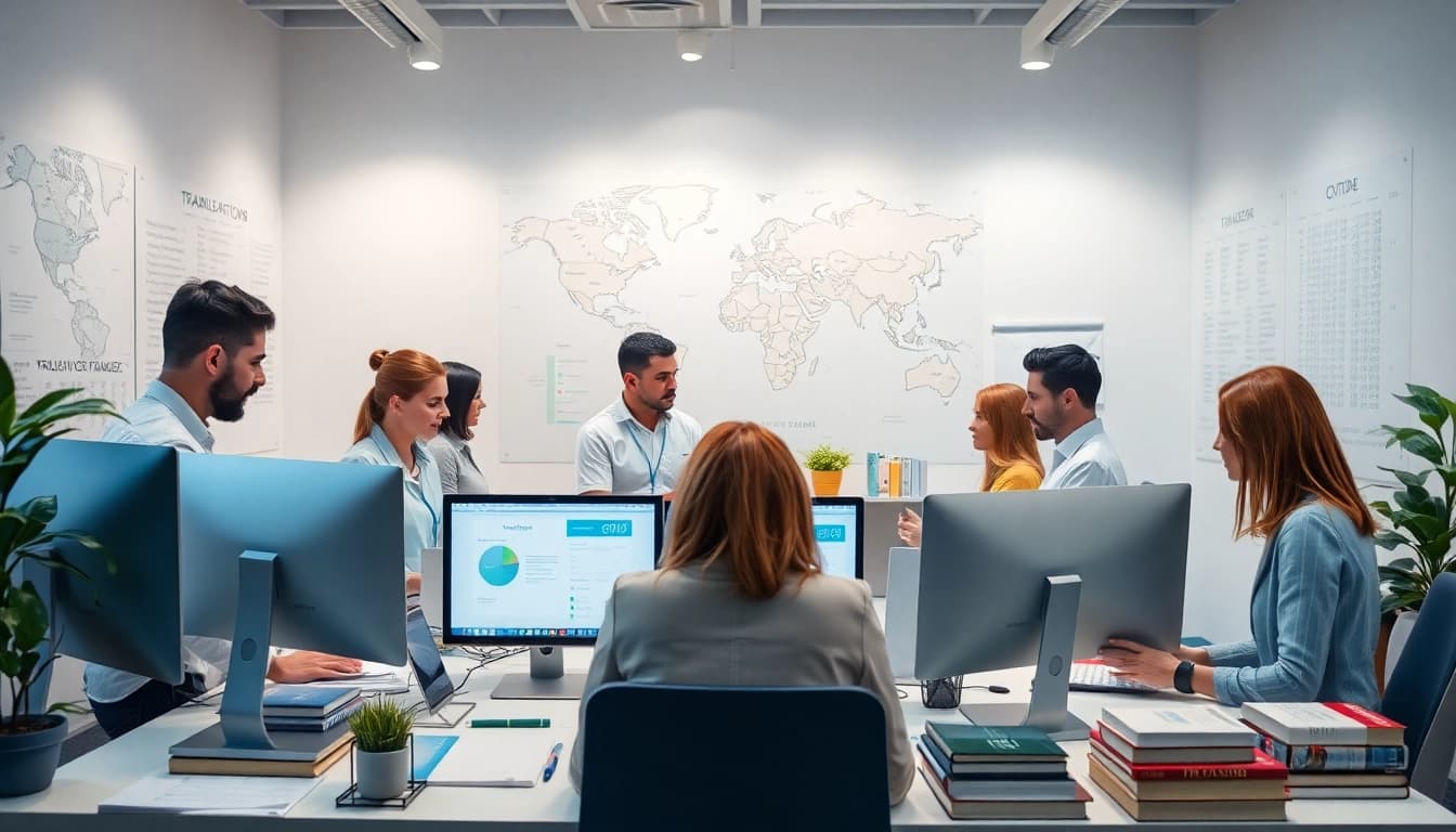 Espace de travail d'une agence de traduction professionnelle illustrant une collaboration variée et des documents multilingues.