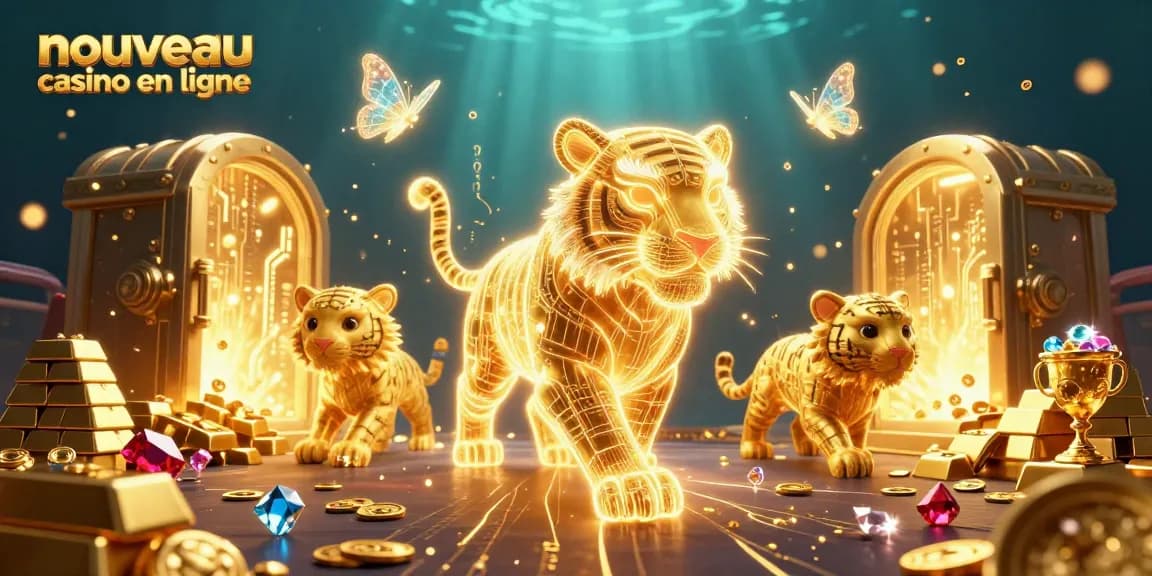Plongez dans l'univers du nouveau casino en ligne avec un tigre doré fascinant et des trésors scintillants.