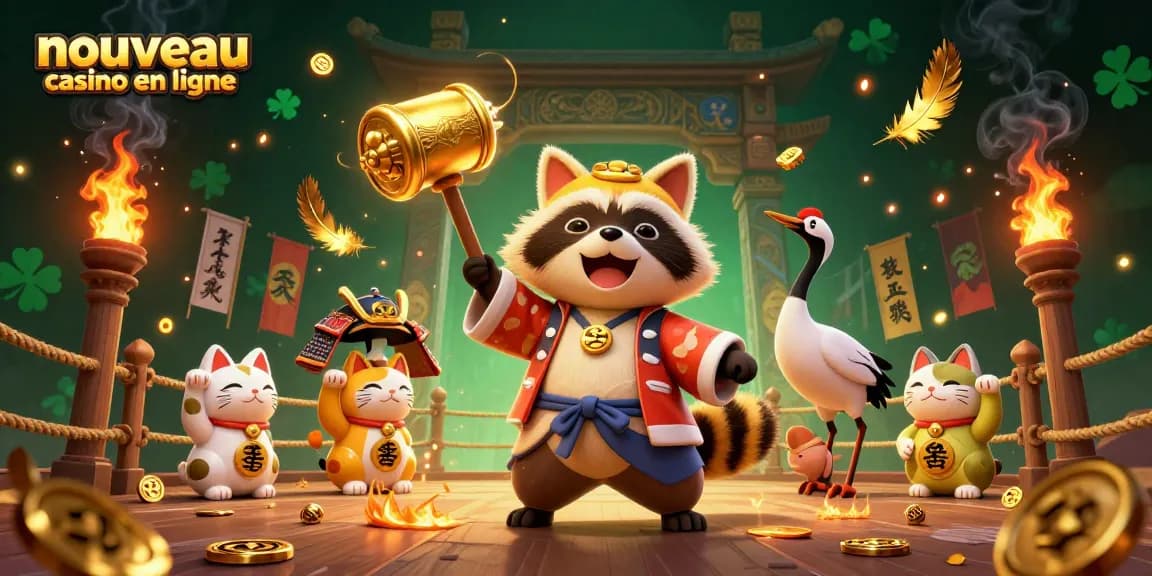 Illustration d'un nouveau casino en ligne avec un tanuki, une grue et des maneki-neko.