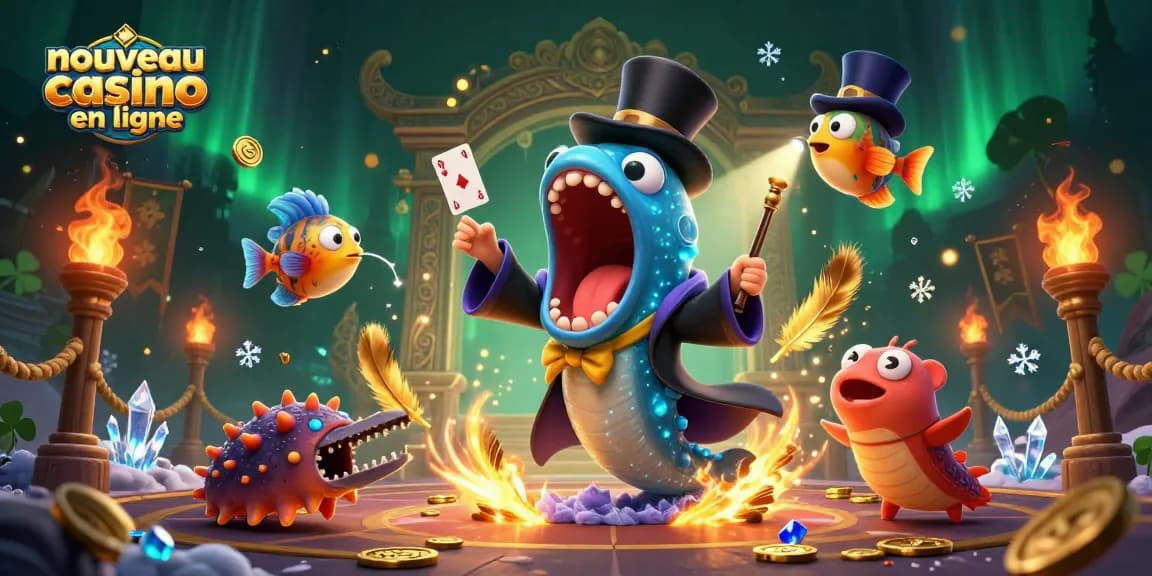 Illustration dynamique d'un nouveau casino en ligne avec un poisson-lanterne et un anguille à gulper magicien